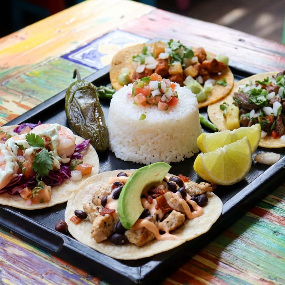 Mexican taco platter with shrimp, chicken, and beef tacos, rice, beans, avocado, salsa, lime wedges, and roasted pepper.