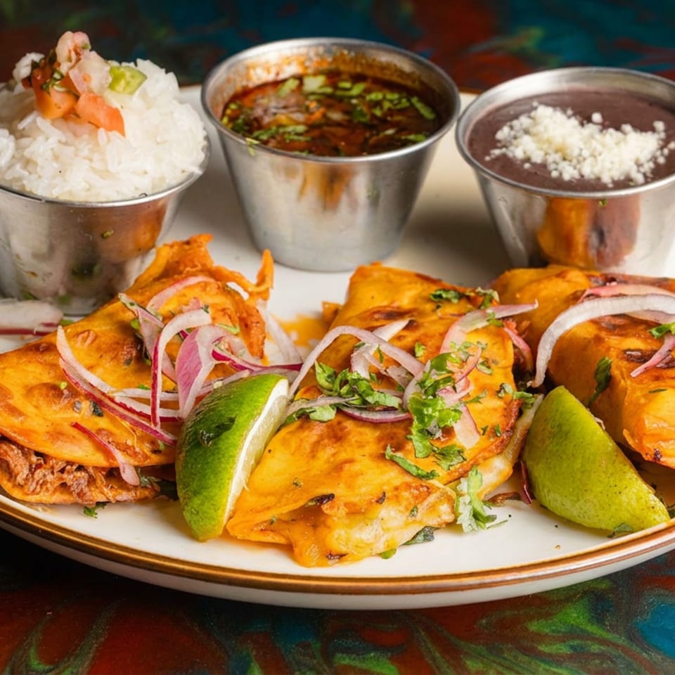 Golden quesadillas topped with onions and cilantro, served with rice, beans, dipping broth, and lime wedges.